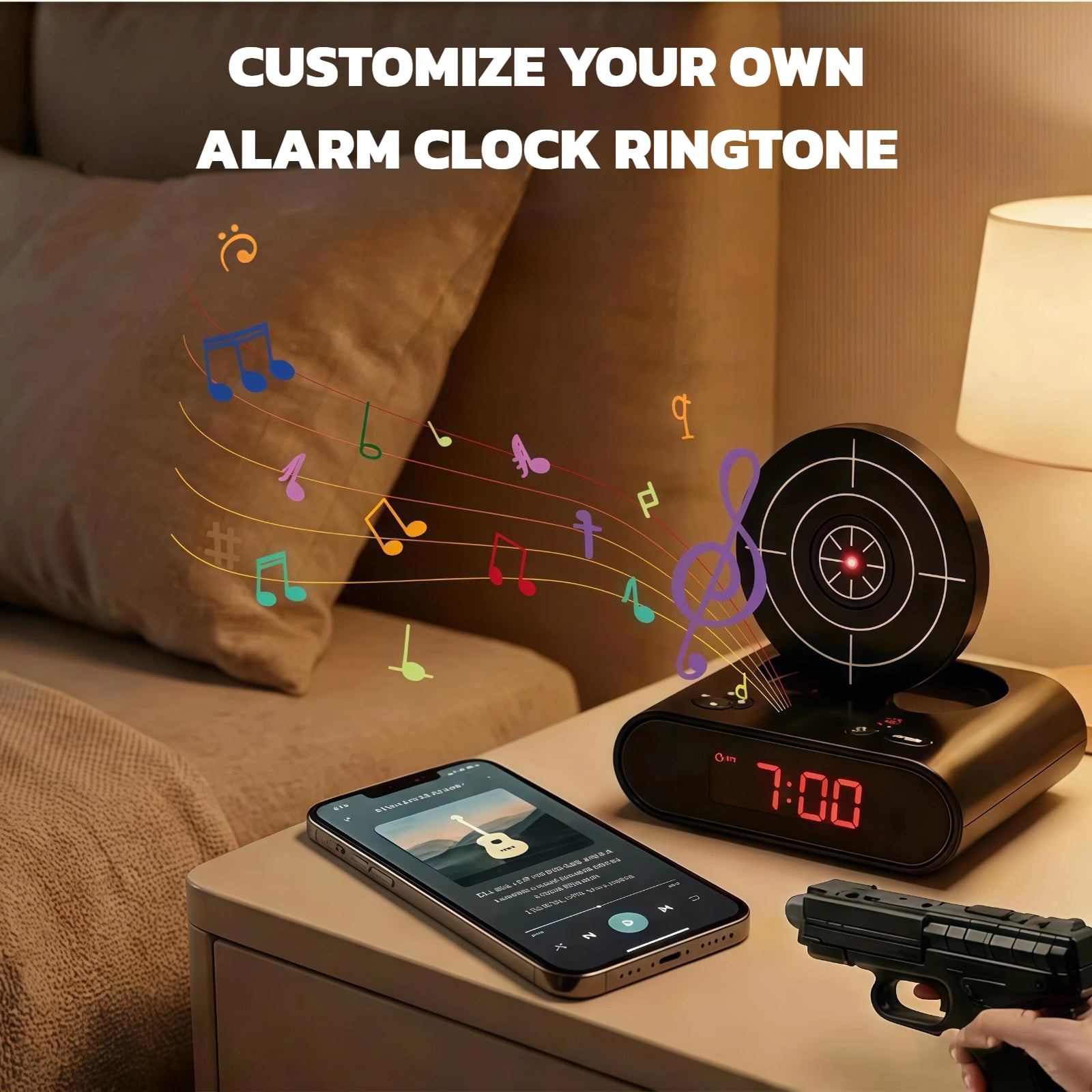 Gun and Target Alarm Clock with Large LED Display Laser Gun Shooting Alarm Clock for Bedroom Unique Alarm Clock