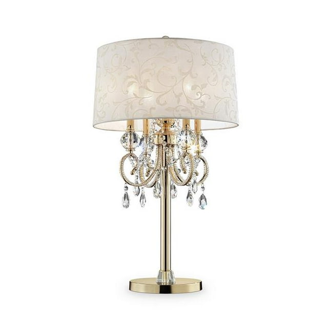 Benzara BM240437 Table Lamp with Crystal Accent & Baroque Printed Shade, Gold