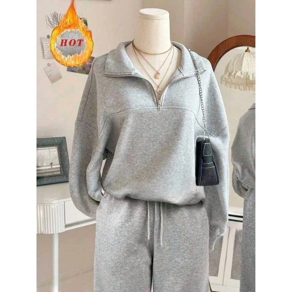 Women's Oversized Half-Zip Stand Collar Drop Shoulder Sweatshirt & Straight Leg Pants Set, Solid Grey Casual Two-Piece Loungewear Outfit