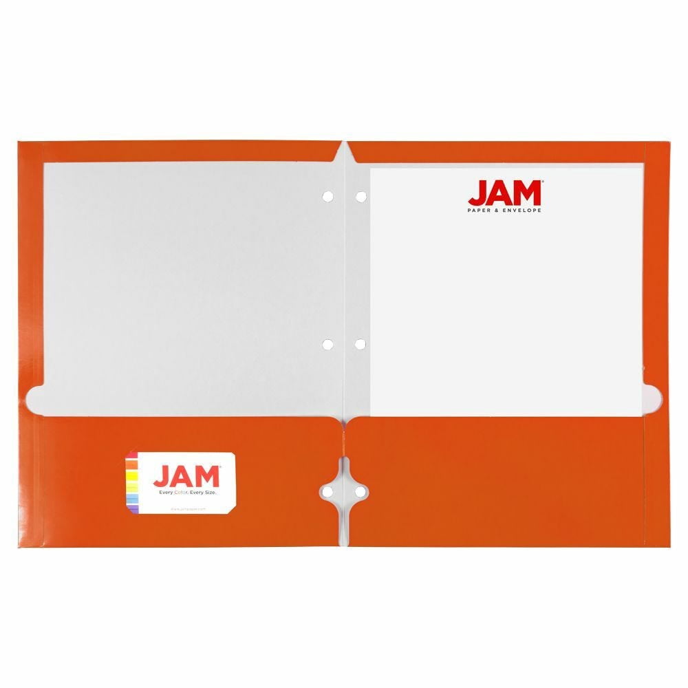 JAM Paper Laminated Two Pocket Glossy 3 Hole Punch School Folders, Orange, 3/Pack