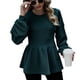 thumbnail image 1 of Blusa de otoño para mujer, manga larga, cuello redondo, dobladillo con volantes, color puro, hombros caídos, color verde, L, 1 of 6