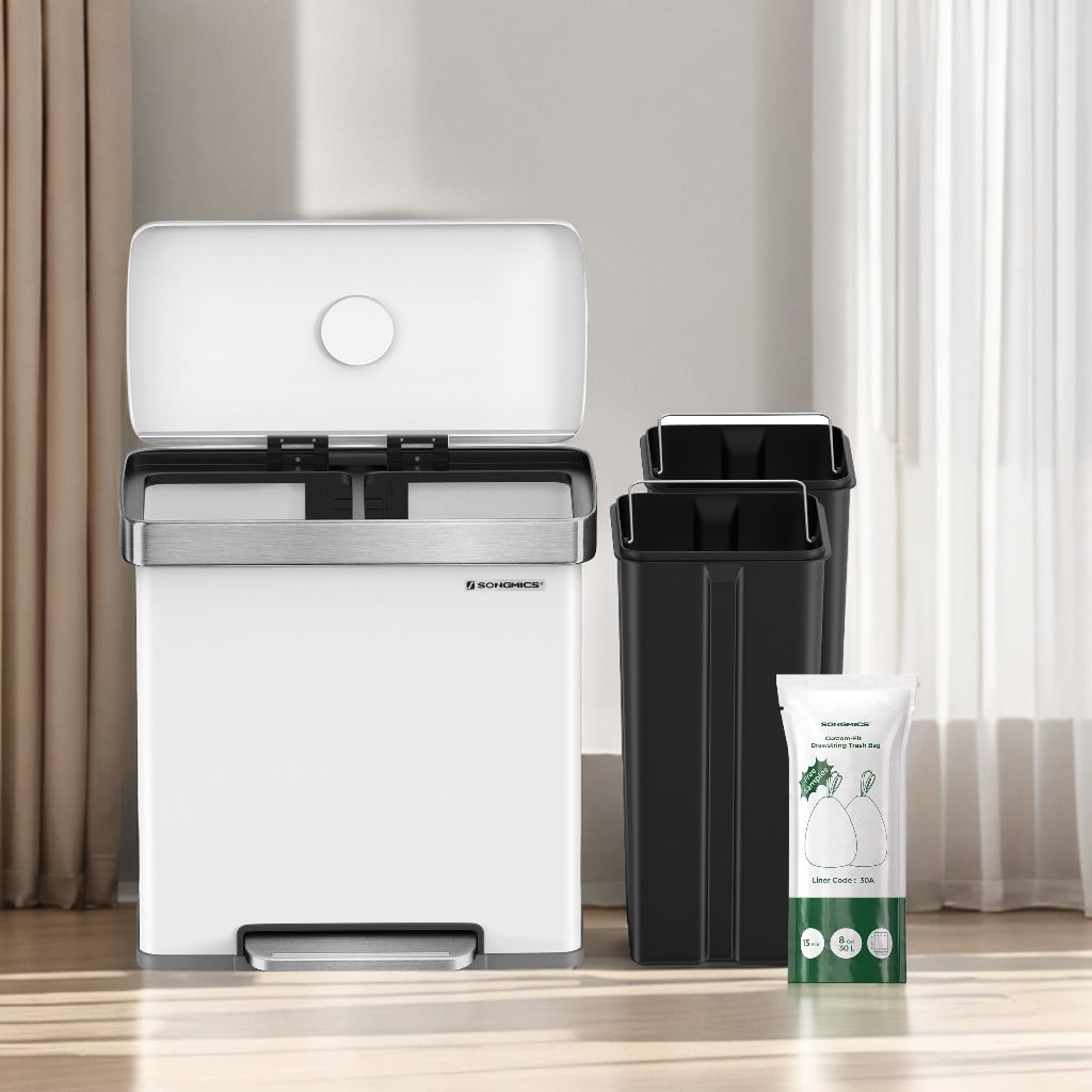 16 Gallon (2 x 8 Gallon) Dual Compartment Garbage Can Trash Can 60L Pedal Recycling Bin 15 Trash Bags Included White