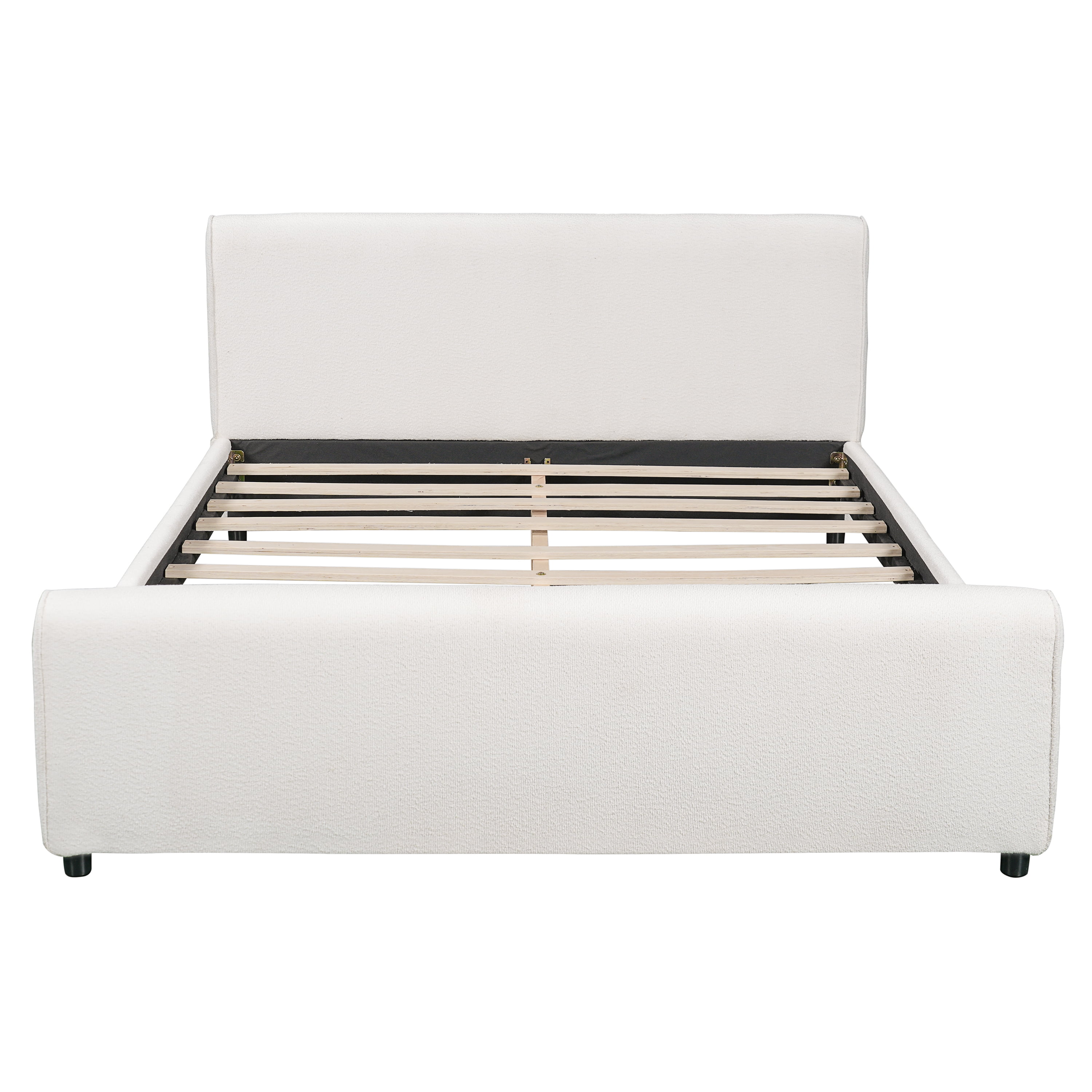 Queen Bouclé Upholstered Platform Bed with Headboard & Footboard, No Box Spring Needed