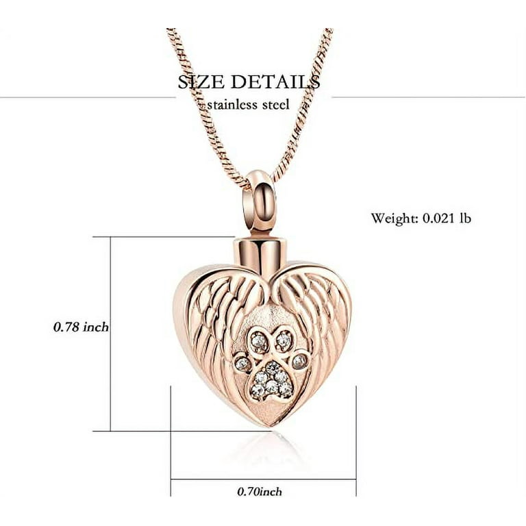 Angel Wing Heart Urn Necklace Ashes Jewelry Paw Print Urn Necklace - Technical View