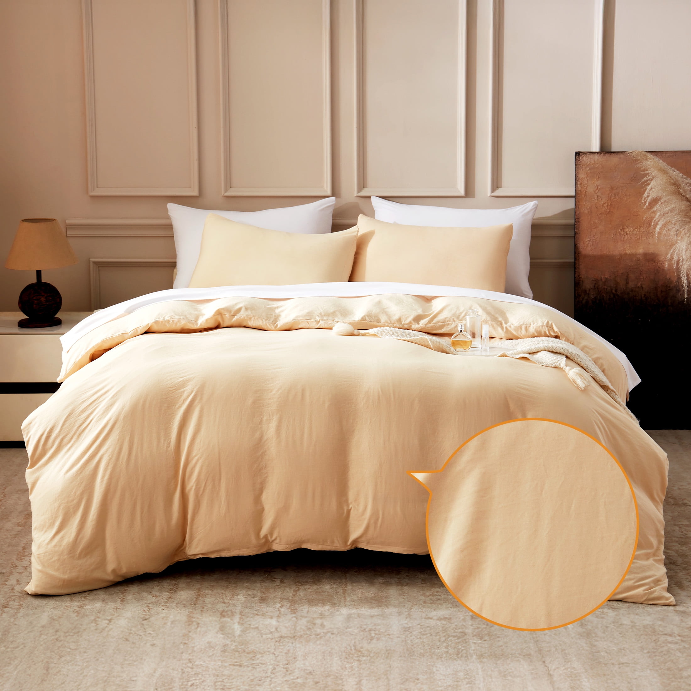 Sonive Washed Duvet Cover Set Full, Linen-Like 3 Pieces Soft Breathable Bedding set, Beige