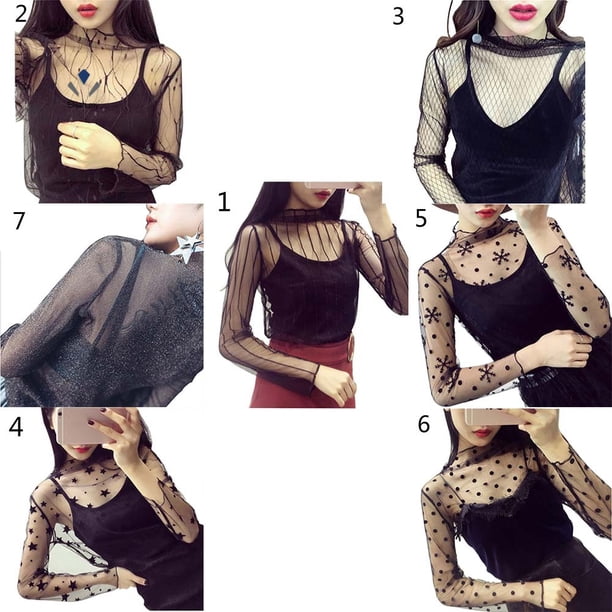 Moda Primavera Otoño Mujeres Sexy Malla Blusas De Manga Larga Cuello Alto Tops Perspectiva Señoras Niñas Casual Camisetaspangjing