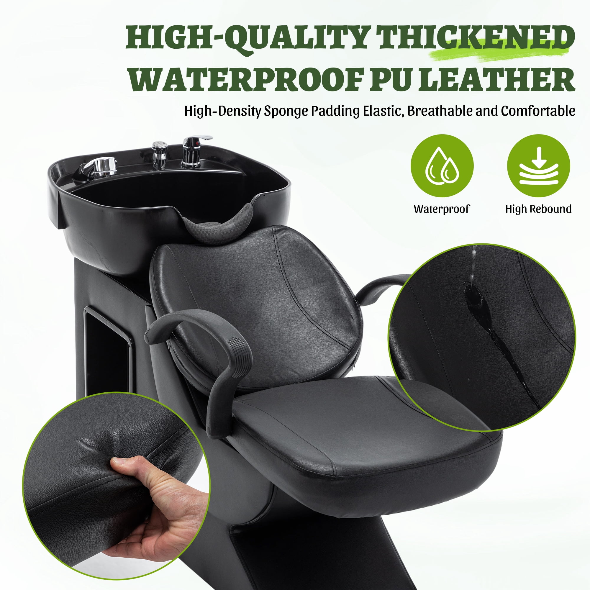 Miniyam 53.5" x 21.7" x 32" Shampoo Station with Chair – ABS Basin, PU Leather, Neck Rest, Side Storage, Hot/Cold Faucet & Sprayer – 300 lbs Capacity – Black for Salon Spa Barbershop