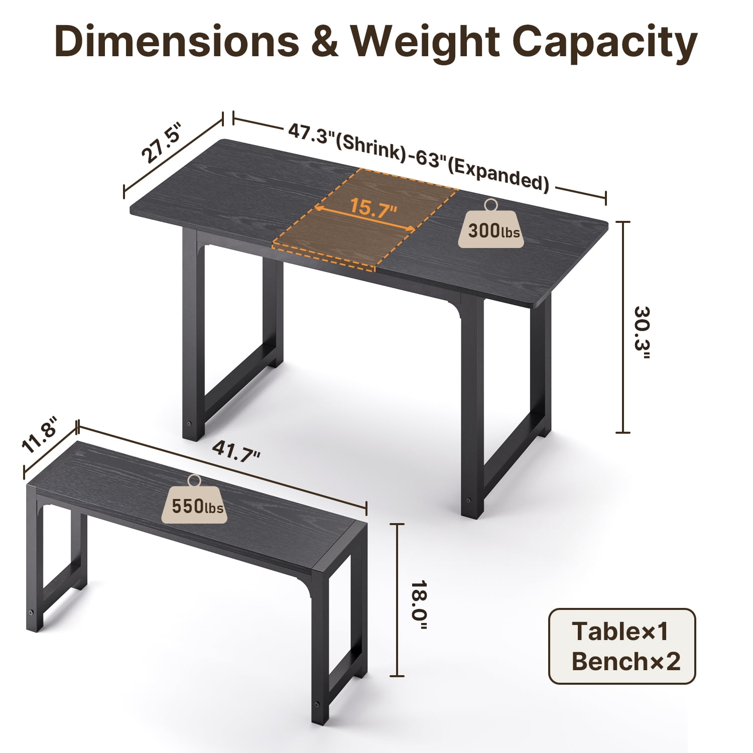 Extendable Dining Table Set for 4 People with 2 Benches,47" to 63" Kitchen Table for Living Room, Black