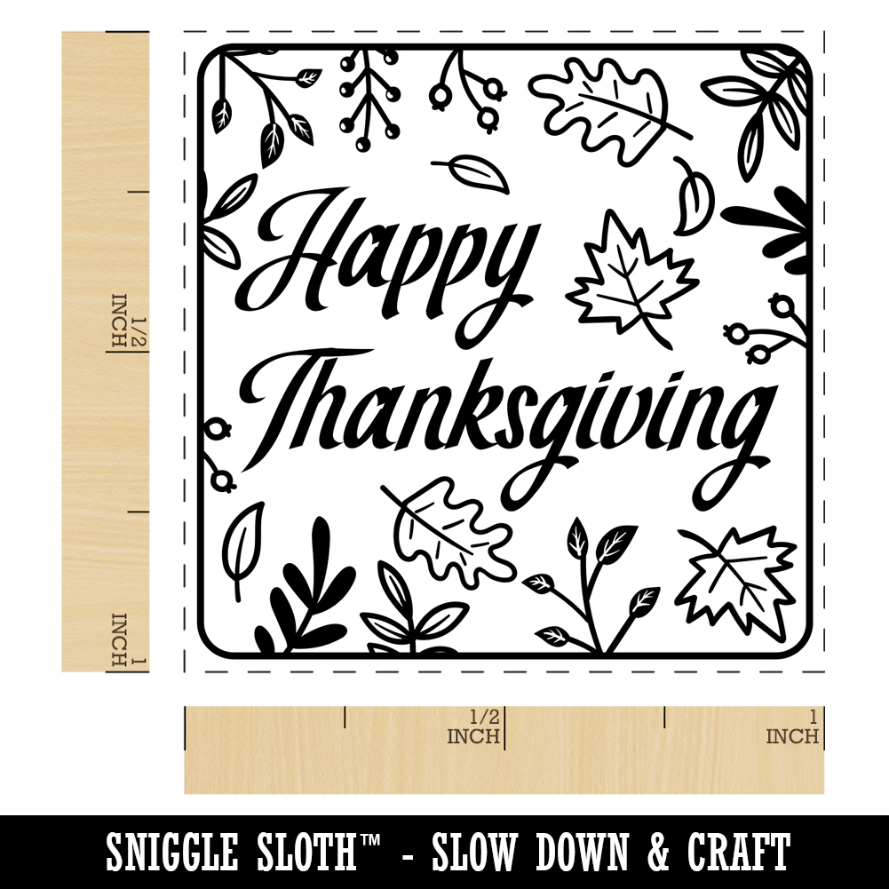 Happy Thanksgiving Fall Leaves Self-Inking Rubber Stamp Ink Stamper - Brown Ink - Small 1 Inch