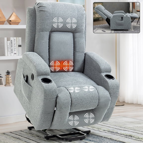 Power Lift Recliner Chair for Elderly,Heavy Duty Infinite Position Recliner Chair with 8-Point Vibration Massage and Lumbar Heating,USB Charging Port, Cup Holders,Grey