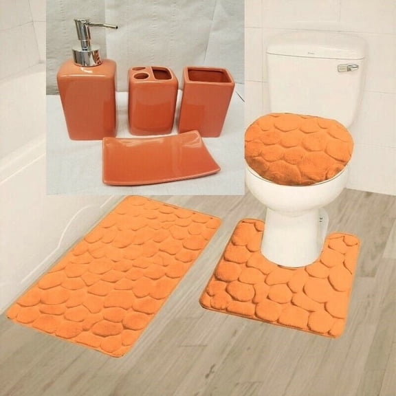 3-piece Rug Rock Orange Memory Foam 1 Mat/ 1 Contour Non-Slip, 1 Lid Cover with Matching   4pc Ceramic Accessories