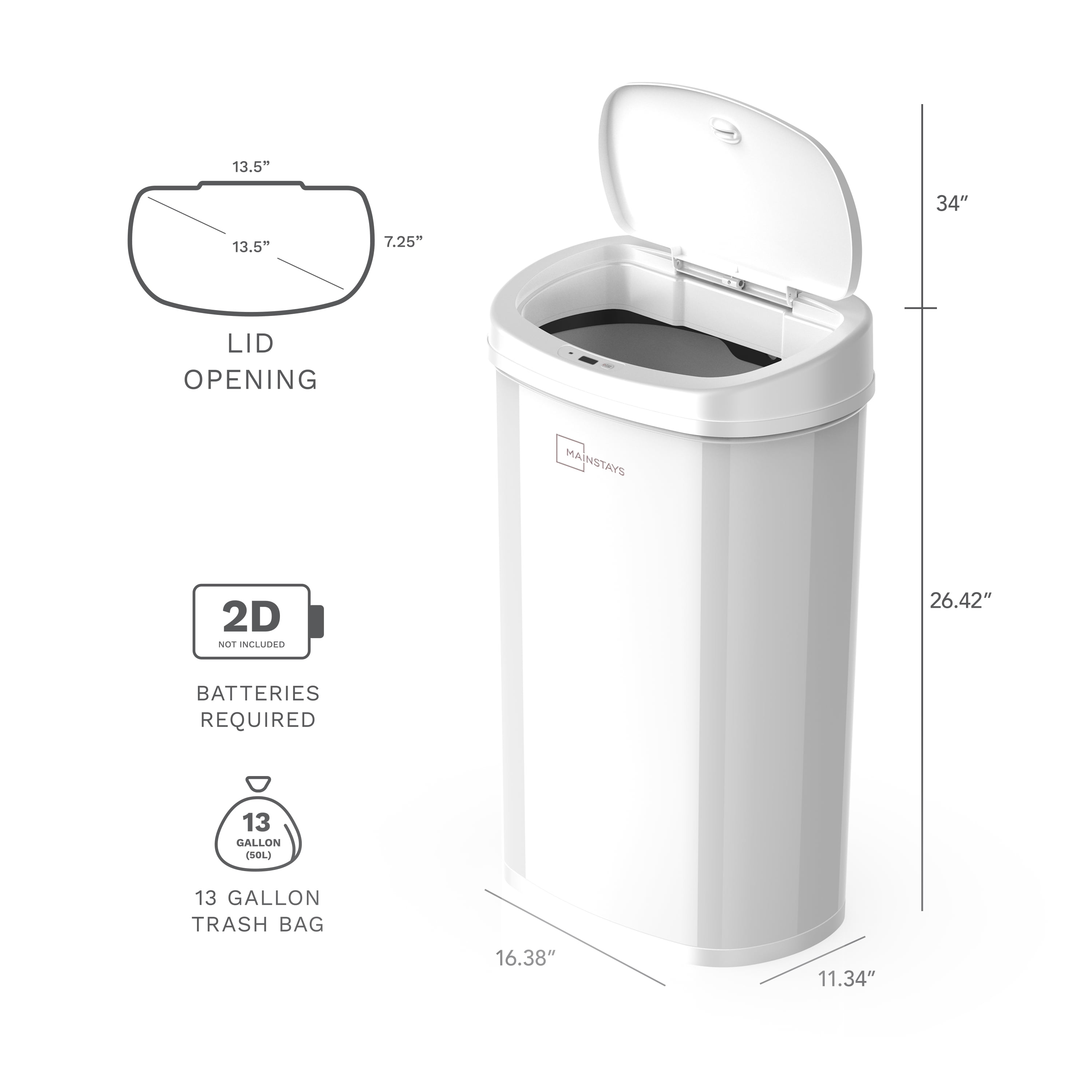 Mainstays Motion Sensor Trash Can, 13.2 Gallon, White Stainless Steel