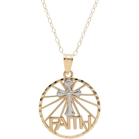 Simply Gold 10kt Yellow Gold with Rhodium Round Cross/Faith Pendant, 18