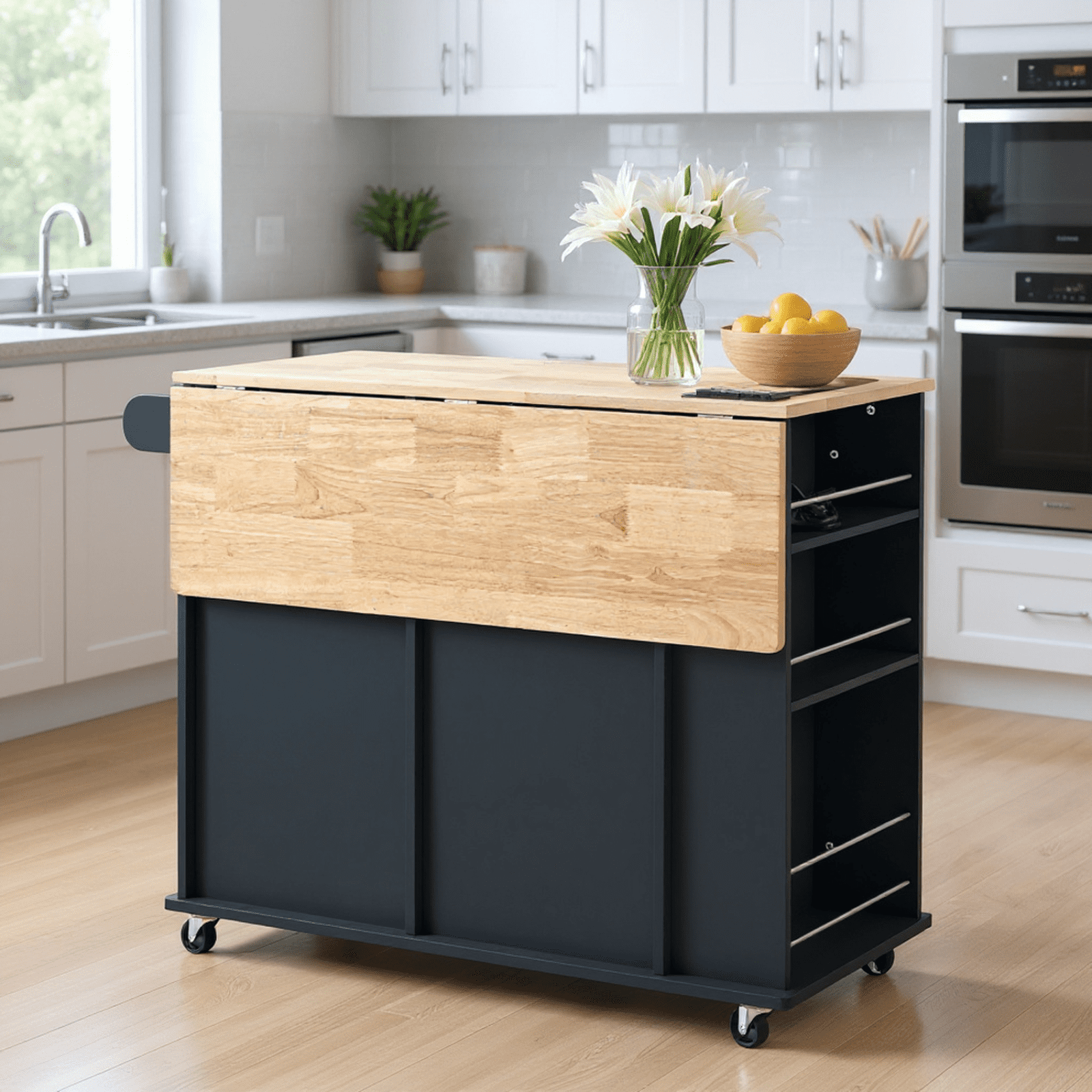 Homy Casa Kitchen Island with Power Outlet, Storage Cabinet on Wheels,for Kitchen & Dining Room, Black