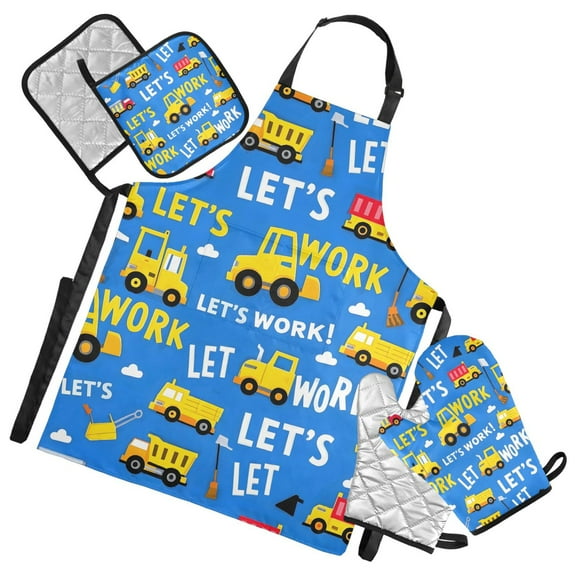 5 Pcs Kitchen Set Heat Resistant Oven Mitts and Non-Slip Pot Holders with Adjustable Cooking Apron Construction Trucks and Clouds