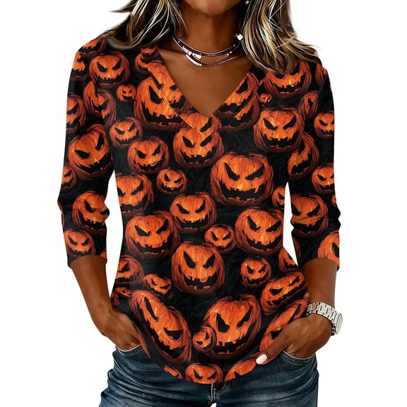Trgacdwlo Novelty Vintage Ghost House Print Womens Halloween Shirts V Neck Womens Tops 3/4 Sleeve Funny Pumpkin Ghost Fall Women's Tunics