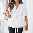 thumbnail image 6 of Shirt for Women 2024 Summer Casual Short Sleeve Top Solid Color Lace-Up Cinch Waist Dressy Shirts, 6 of 7