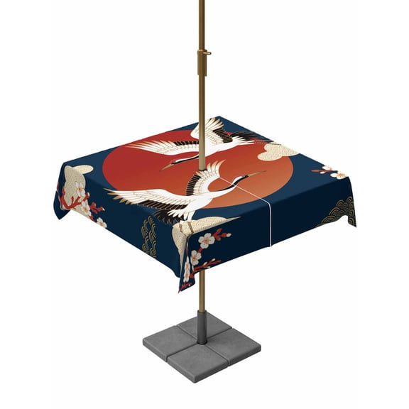 Outdoor Tablecloth with Umbrella Hole for Patio/Picnic/Party/Camping, Japanese Style Waterproof Table Cloth Square Cover Washable, Modern Cranes Cherry Flower Wave Navy Blue (54"x 54")