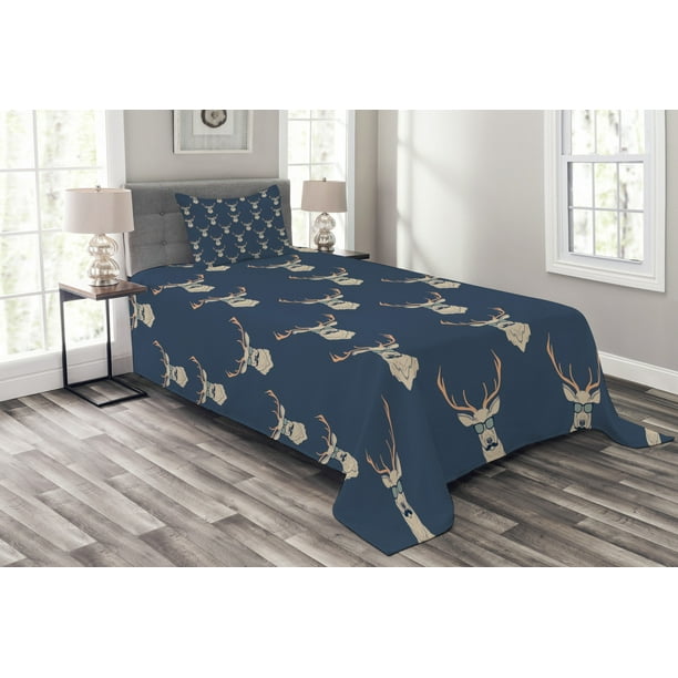 Deer Bedspread Set, Hipster Inspired Deer with Antlers Glasses Mustaches Funny Animal Pattern