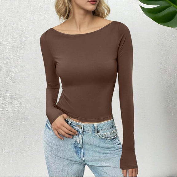 Blmnix Cotton Womens Tops Summer 2026 Compression Pullover T Shirt Boat Neck Long Sleeve Brown Cold Shoulder Tops for Women,XL