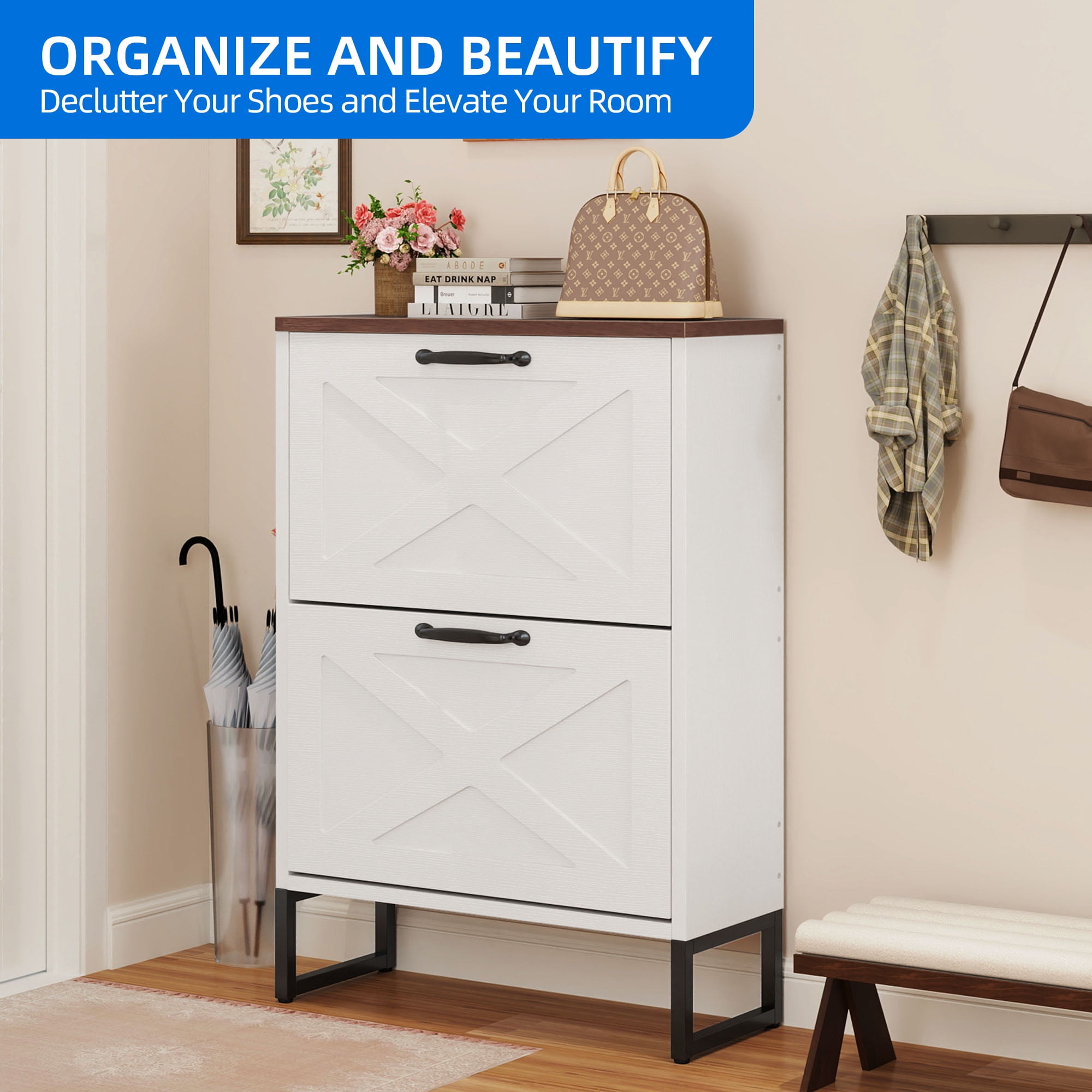 Uforic Shoe Cabinet with 2 Flip Drawers, Free Standing Shoe Racks Storage Cabinet with Metal Legs , Famhouse Shoe Rack Organizer Narrow Closet for Entryway Hallway,White