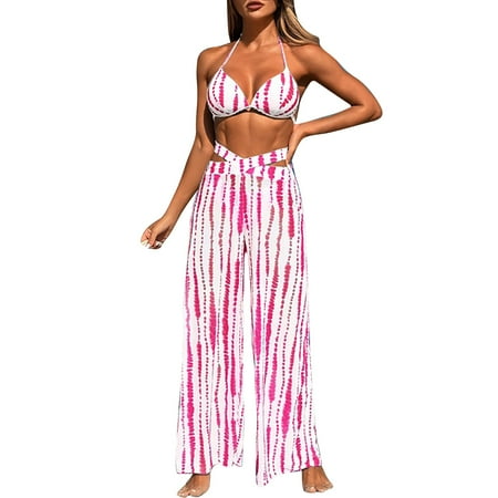 Rigardu Hot Sale!! Womens Bikini Set High Waisted Mesh Coverup Pants Ruffled 3 Piece Swimsuit Set Women s Tobikini Set with Breast Pad High Waisted Mesh Pants 3 Piece Swimsuit Set Pink Xl