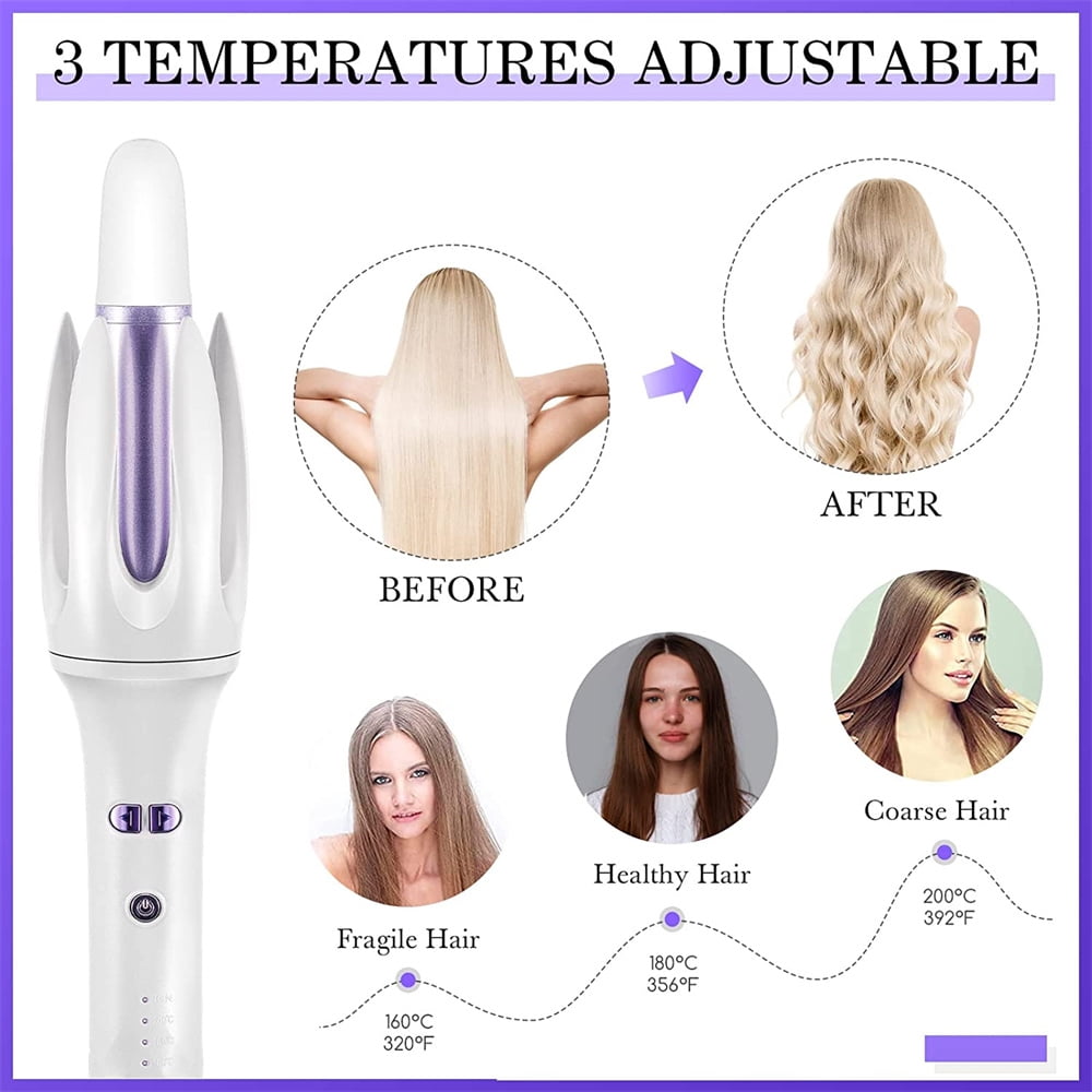 JLLOM Automatic Curling Iron Auto Hair Curler with 3 Temps Fast Heating Left&Right Rotating Curly Wand(White)