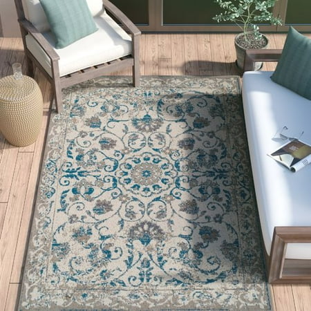 Charlton Home Innisbrook Traditional Vintage Distressed Ter Blue Indoor Outdoor Area Rug