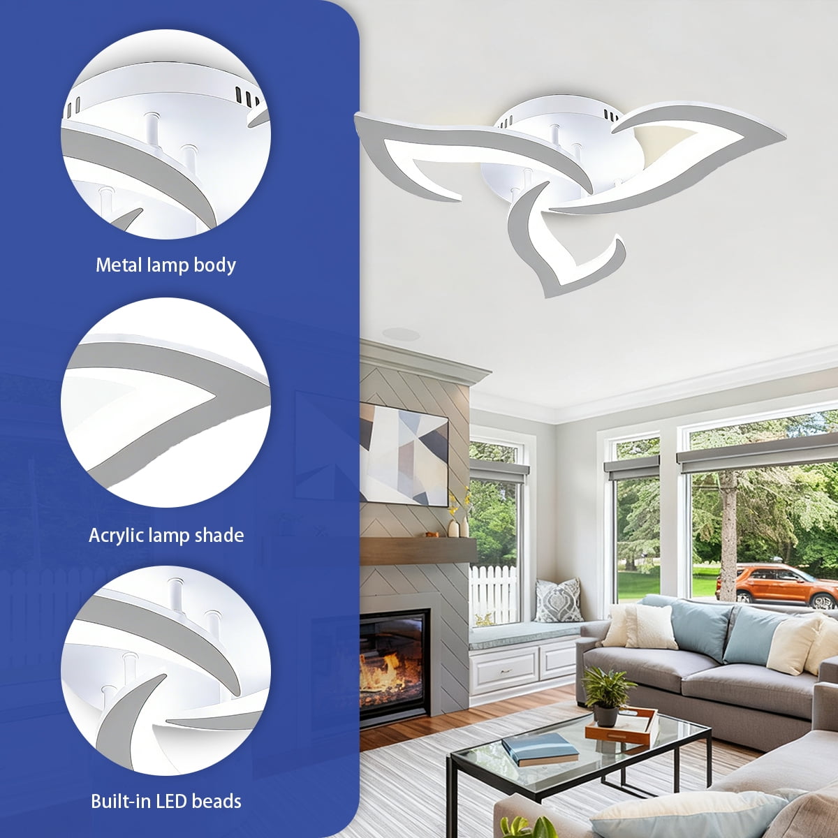 Modern Semi Flush Mount Ceiling Light, 20 inch Dimmable LED Chandelier Low Profile Ceiling with Remote Control, Ceiling Lamp Fixture for Living Room Dining Room Bedroom, White
