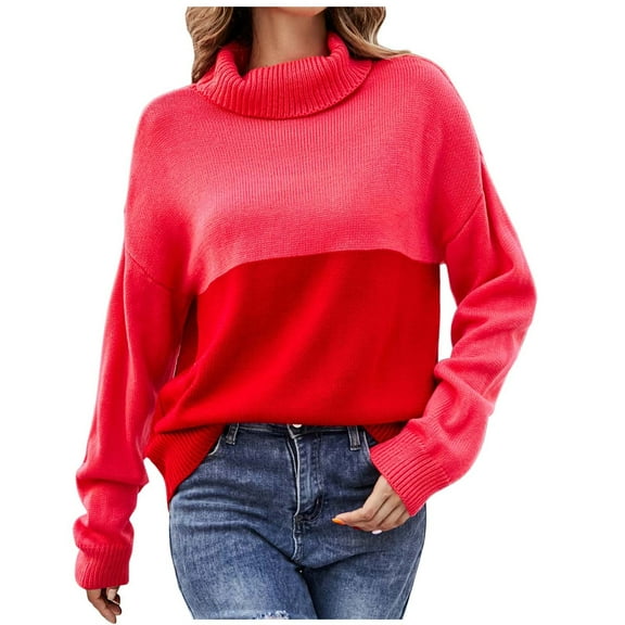 TFEOQRY Women's Pullover Sweater Fashion Solid Color Knitwear Long Sleeved Turtleneck Sweater Top Red