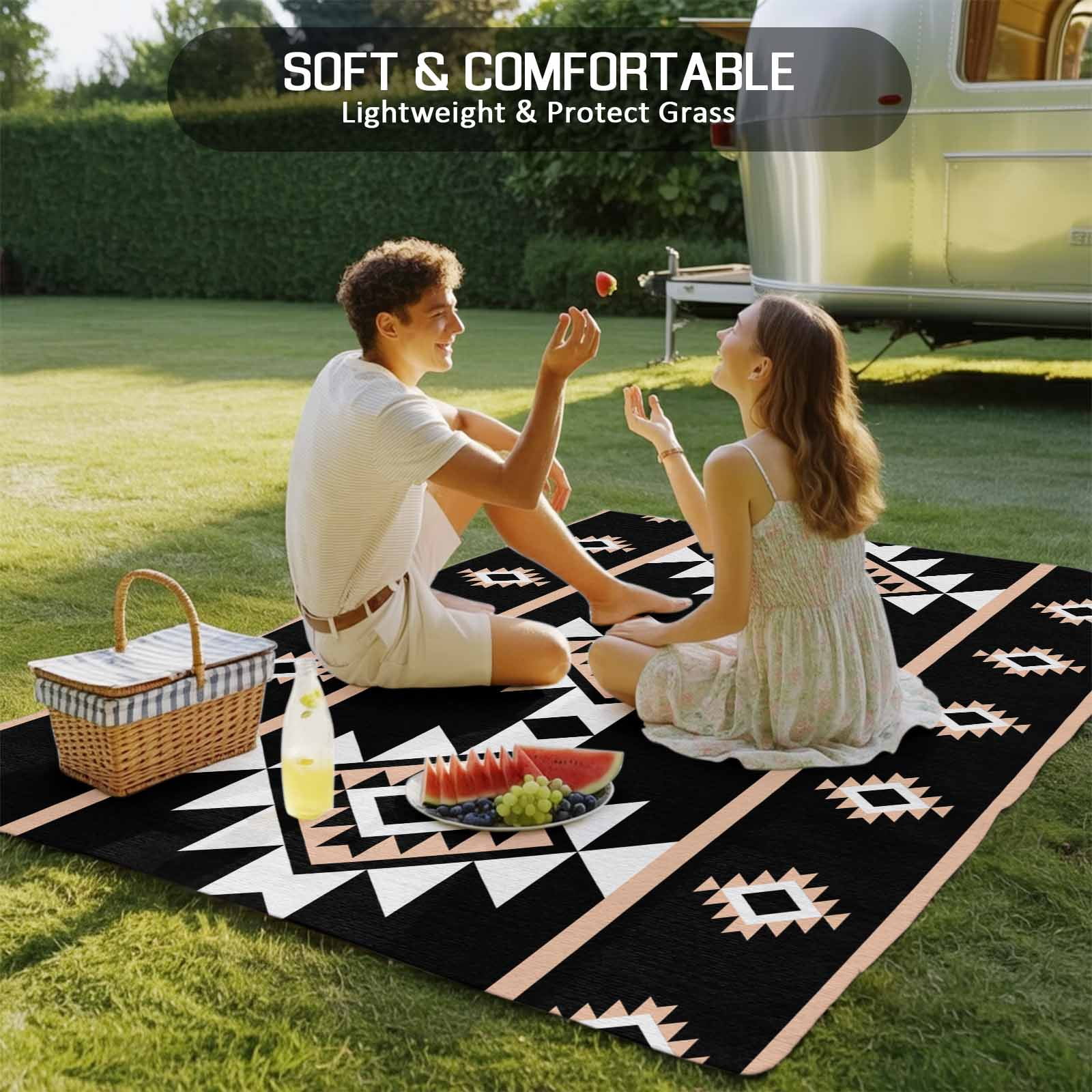 Fsddascl Black White Boho Outdoor Rug for Patio/Deck/Porch, Non-Slip Large Area Rug 4 x 6 Ft, Modern Western Aztec Abstract Geometric Indoor Outdoor Rugs Washable Area Rugs, Camping Rug Carpet