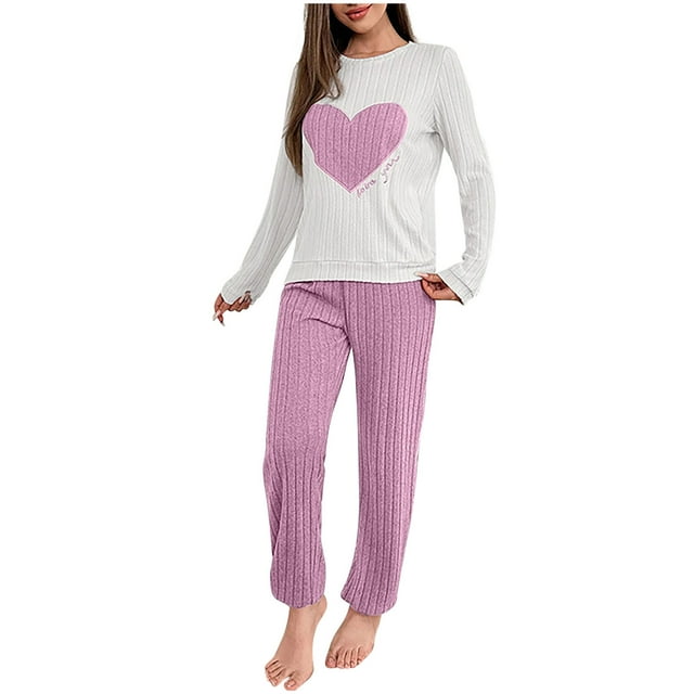 HAiming Ensemble de Pyjama Côtelé Oversize pour Femmes 2 Pcs Haut à Manches Longues à Col Ras du Cou et Pantalon Tenue de Détente Décontractée Vêtement de Nuit
