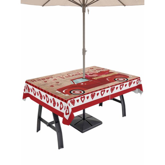 Outdoor Tablecloth with Umbrella Hole and Zipper, Valentine's Day Rectangle Table Cloth 60x120 Inch Waterproof Tablecloth, Vintage Love Heart Truck Wooden Valentines Picnic Table Cover for Patio