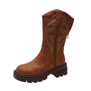 Western Cowboy Boots With Embroidery Vintage Mid Calf Riding Boots