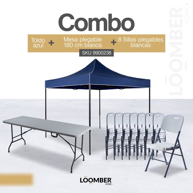 Combo de Mesa y 8 Sillas Plegables con Toldo Azul Impermeable