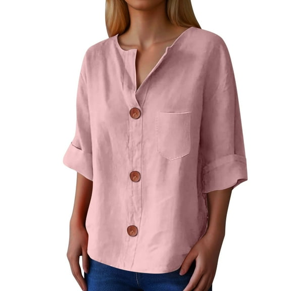 MIXUE Women Blouses Summer Solid Color V Neck Button Down Short Sleeve Loose Fit Casual Classic Womens Tops Outwear,Pink,M
