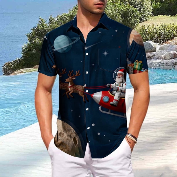 Blusa y camisa de manga corta con cuello vuelto para hombre, informal, a la moda, con estampado navideño, bolsillo, botones, blusa de manga corta con cuello vuelto, blusa de poliéster para hombre