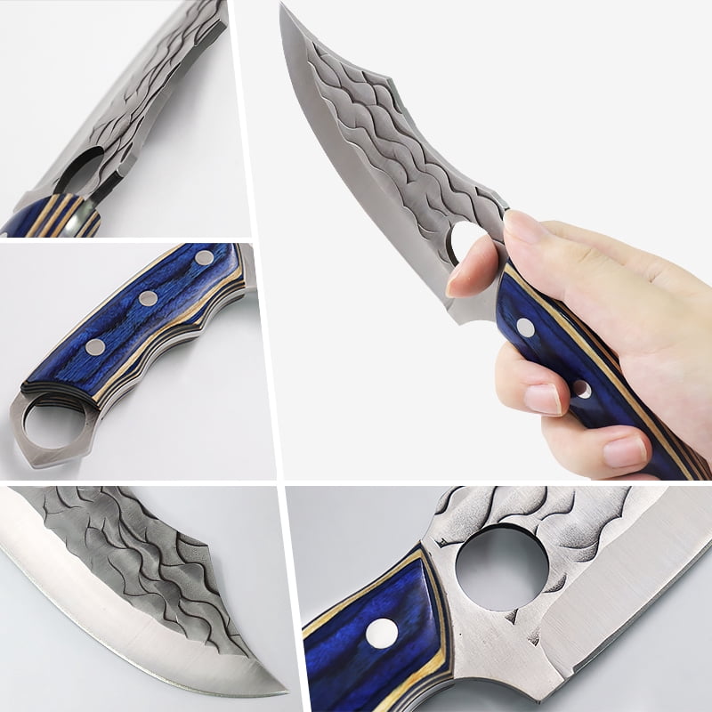 Hand Forged Outdoor Hunting Knife, Blue Wood Handle Survival Knife with Sheath, Full Tang Sharp Fixed Blade Knife for Camping Hiking Daily Use