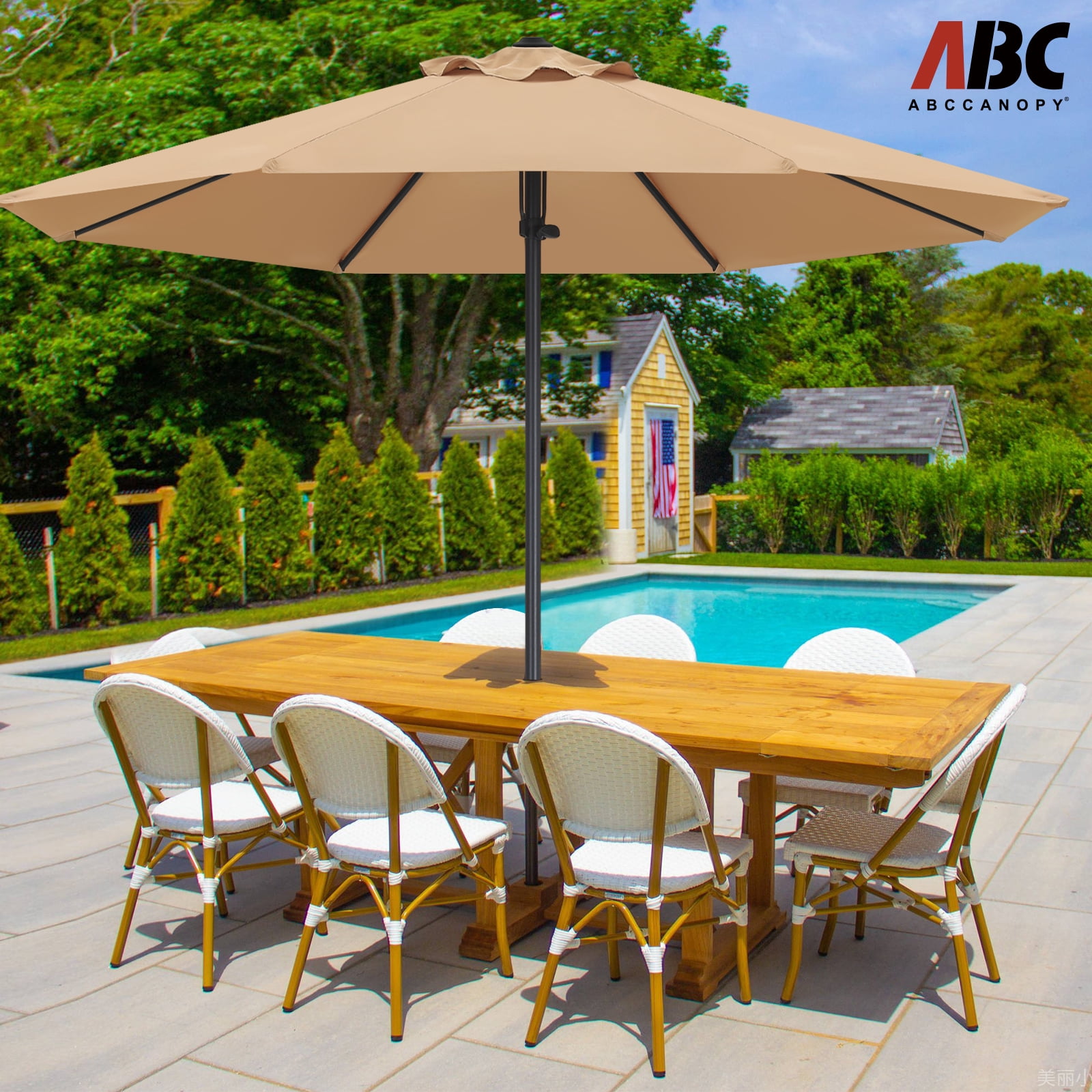 ABCCANOPY 9ft Outdoor Market Hand Push Patio Umbrella,12+Colors, Khaki