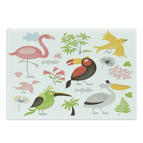 Birds Cutting Board, Tropical Themed Exotic Birds Alluring Keel-Billed Toucan Pinky Flamingo and Pelican, Decorative Tempered Glass Cutting and Serving Board, in 3 Sizes, by Ambesonne