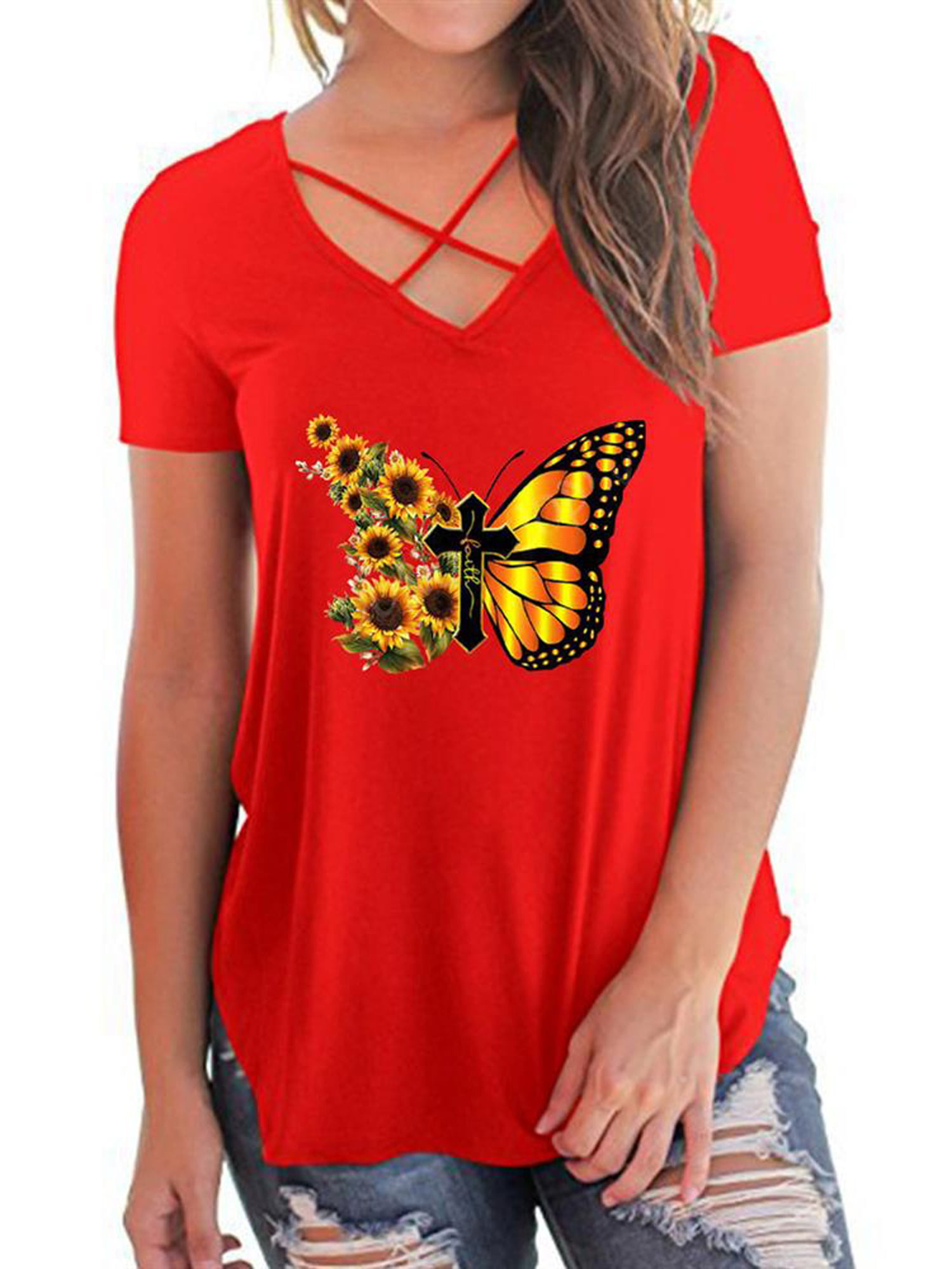 Plus Size Womens V Neck Summer Tee Tops Ladies Print Casual Loose T-Shirt Blouse