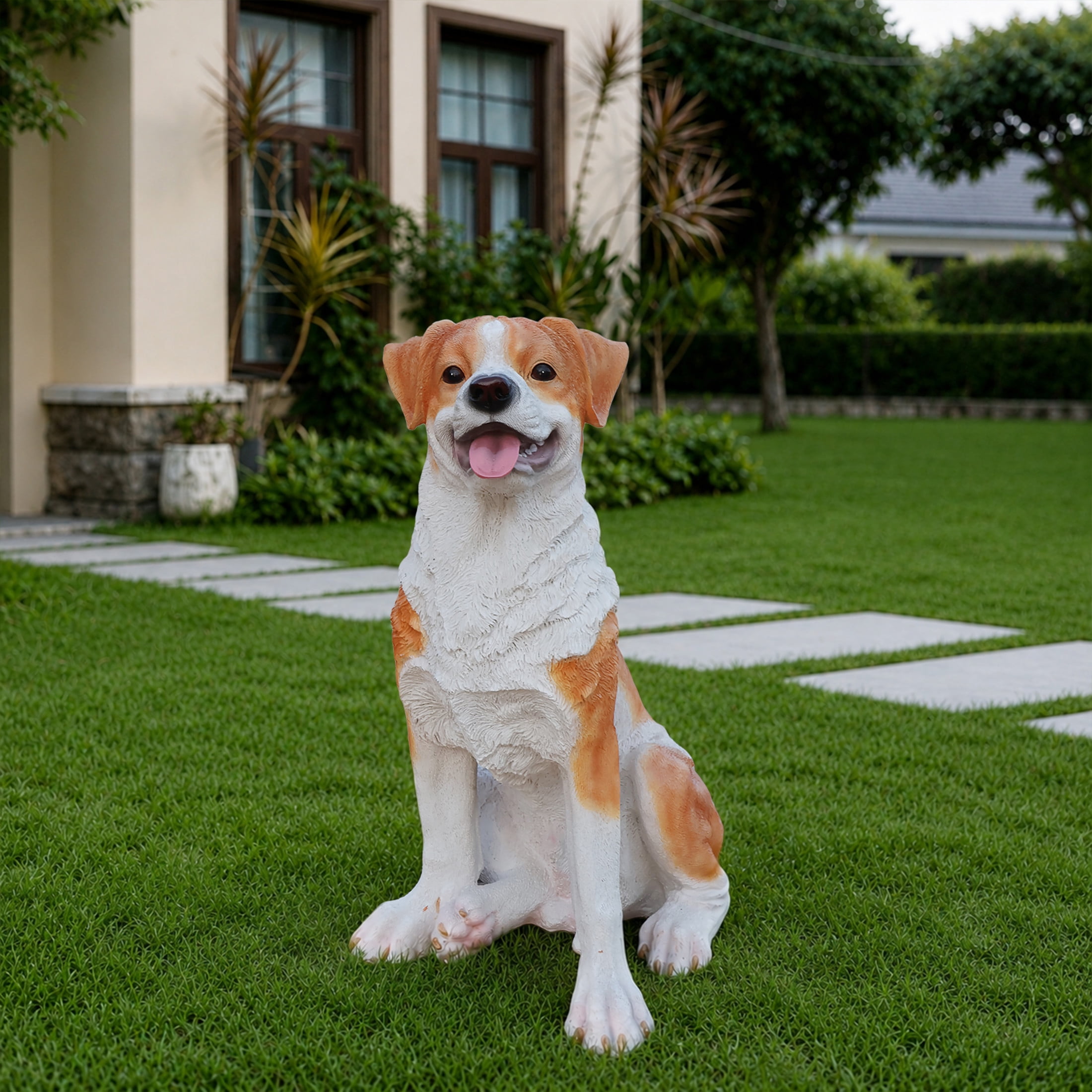 Noble House Lifelike Sitting Hound Dog Statue, Realistic Resin Animal Figurine for Outdoor Garden Decor, Brown White