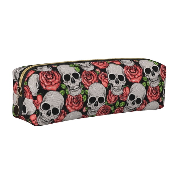 Easygdp Skull and Roses para Estuche de Lápices de Cuero, Estuche de Papelería de Cuero, Estuche de Gran Capacidad con Cremallera