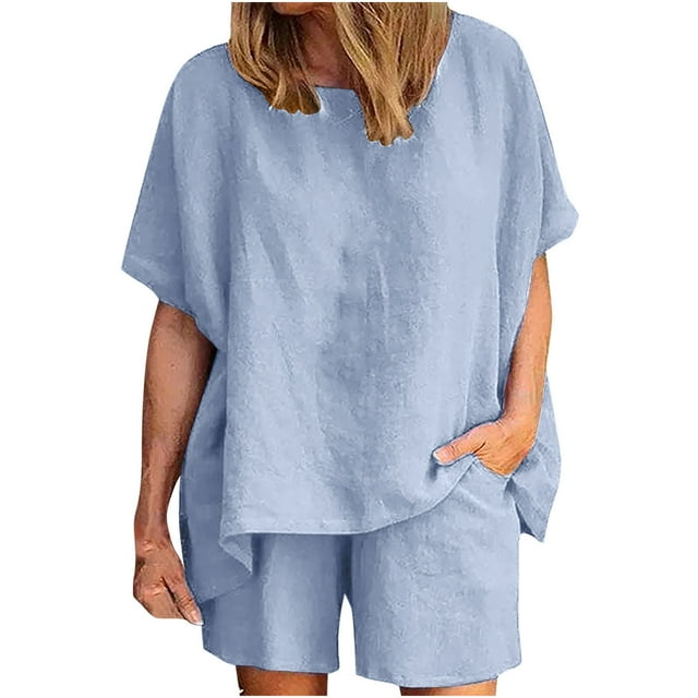 Yuyuzo Ensemble 2 Pcs pour Femmes en Lin, Haut à Manches Courtes Col Rond Oversize Taille Haute avec Poches