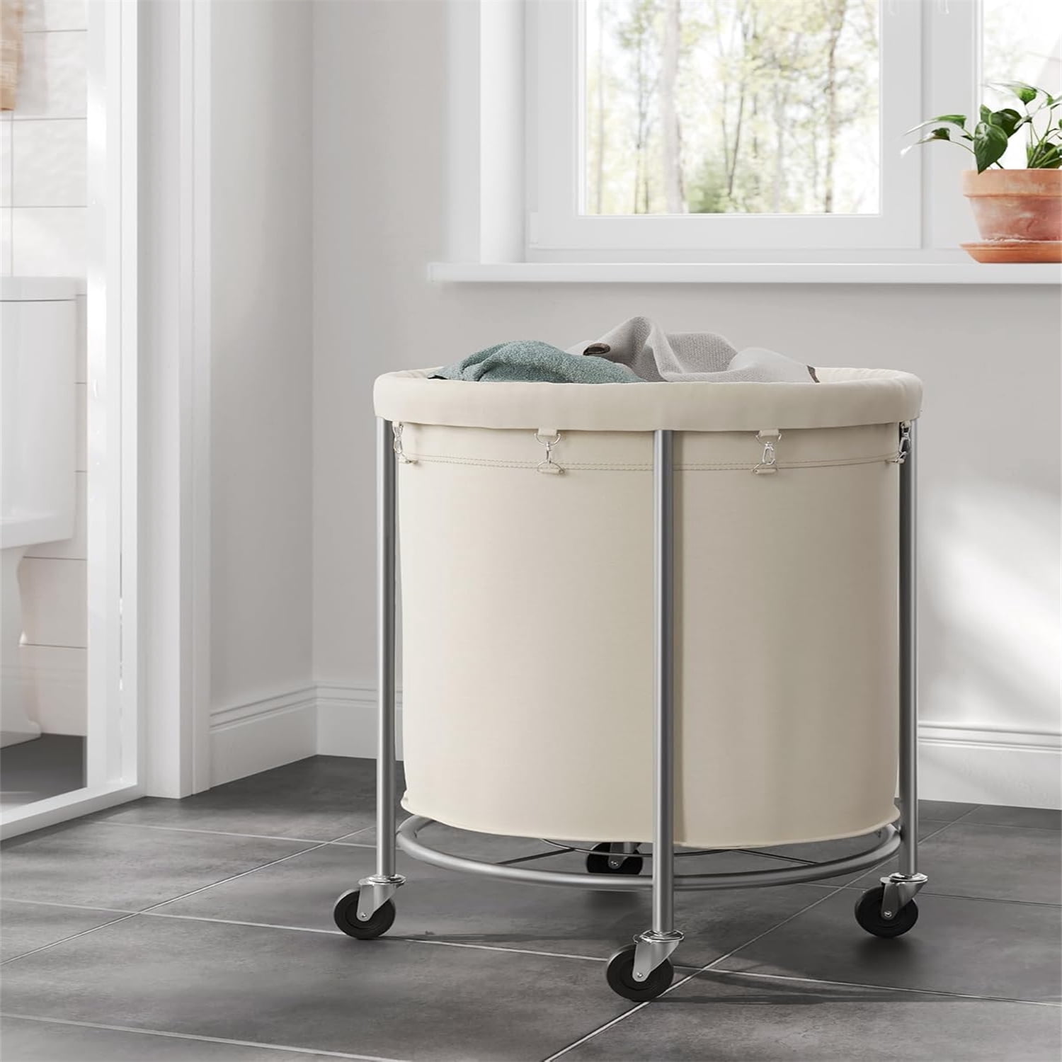 50.2-Gallon (190 L) Laundry Basket with Wheels, Rolling Round Heavy-Duty Laundry Hamper Cart with Steel Frame and Removable Bag, 2 Locking Wheels, Cream White and Metallic Silver