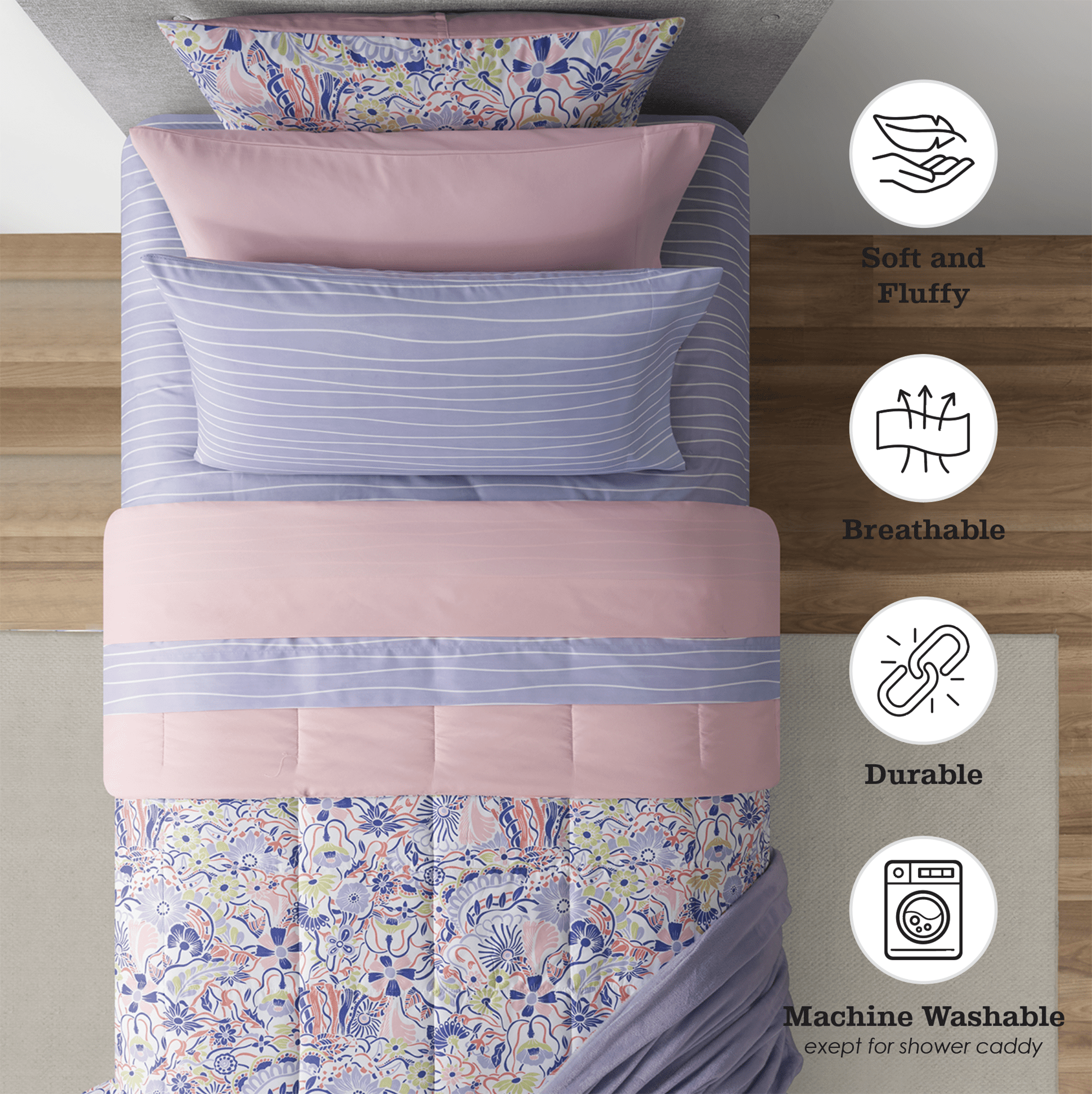 14pc College Dorm Essentials Bundle, Twin-XL, Reversible Bed in a Bag Comforter Set, Purple Floral