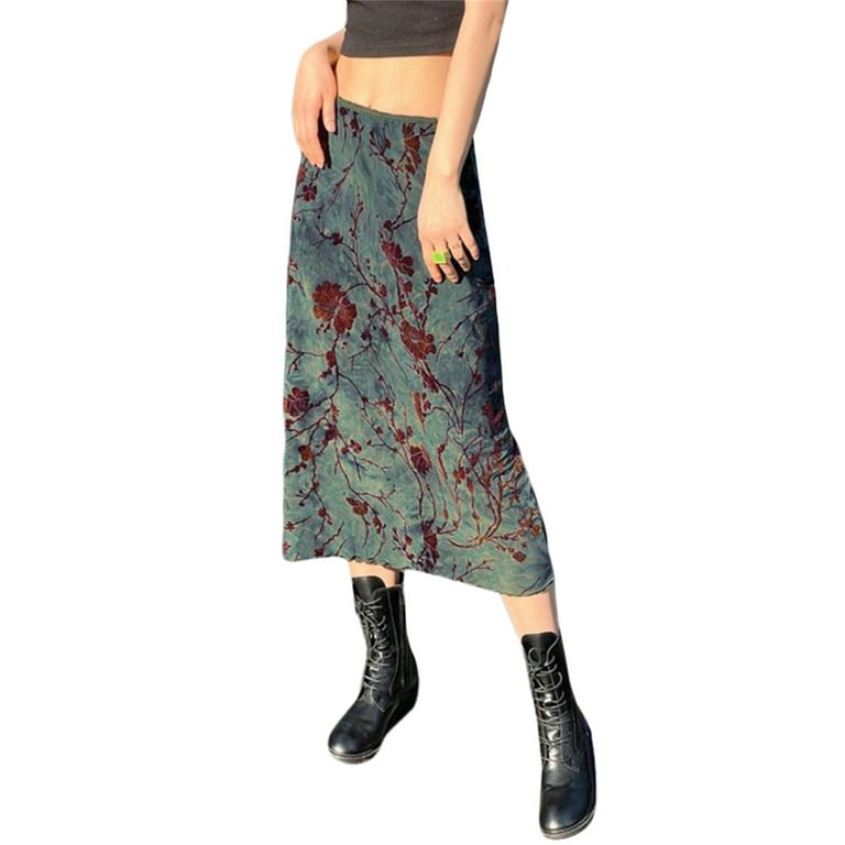 Lamuusaa Women Vintage Long Skirts 90s E-Girl Floral Print Midi Skirt Low  Waist Fairy Grunge Maxi Skirts Streetwear (Green, S)