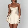 thumbnail image 2 of Women Sexy Backless Short Romper Satin Dress Cowl Neck Tie Ruffle Layer Spaghetti Strap Jumpsuit Mini Dress, 2 of 5