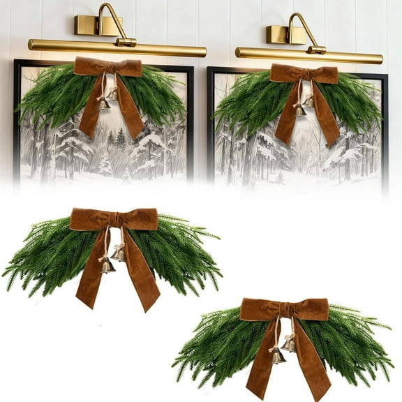 Grinzy 20 Inch Christmas Mirror Garland, Small Artificial Christmas Swag Greenery Norfolk Pine Swag for Mirror Front Door Stairs Rustic Brown Velvet Bow Xmas Mailbox Wreaths Winter Holiday Decor