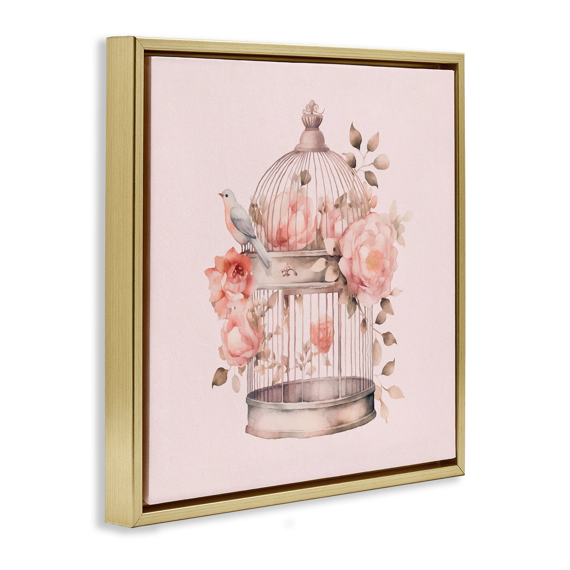 Stupell Industries Bird Cage with Rose Blooms Botanical & Floral Painting Gold Floater Framed Canvas Art Print Wall Art, 25 x 25